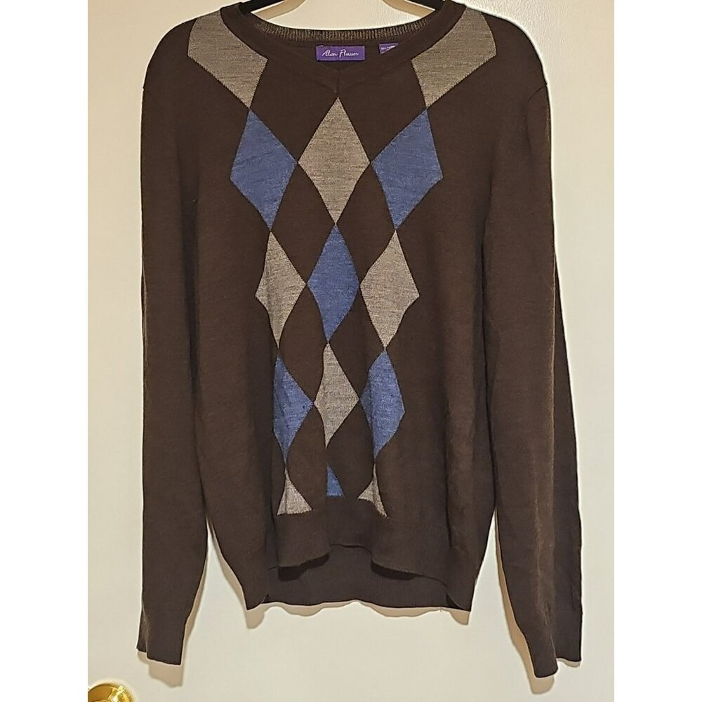 Alan Flusser Argyle Mens Sweater Merino Wool Large Dark Brown Preppy Old Money